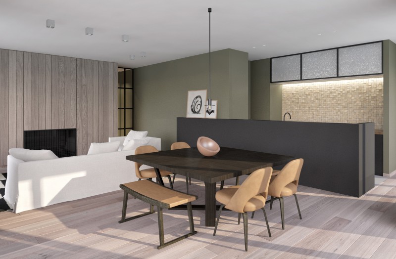 woonkamer en keuken in appartement Leiekouter