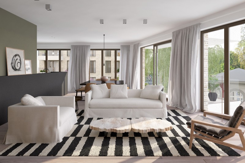 woonkamer en keuken in appartement Leiekouter